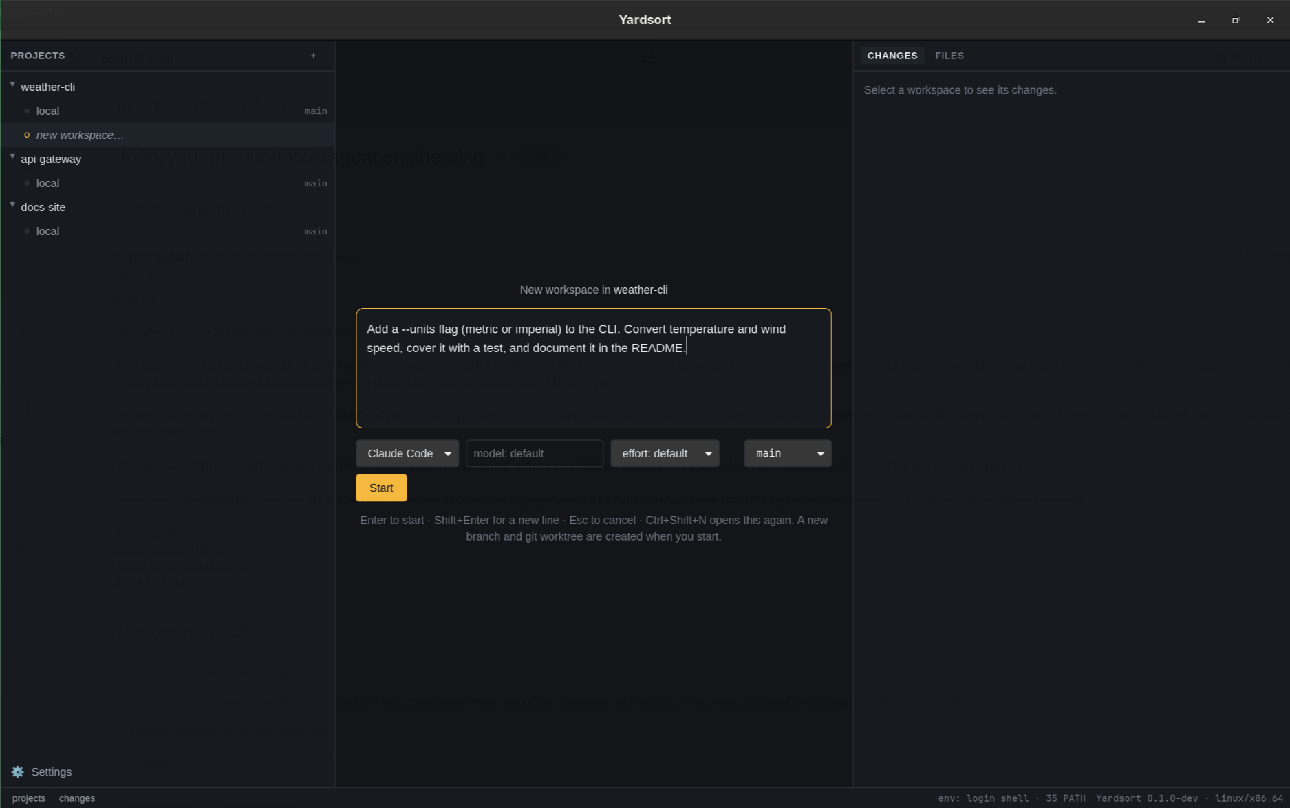 The composer: describe a task, pick an agent, model, effort and branch
