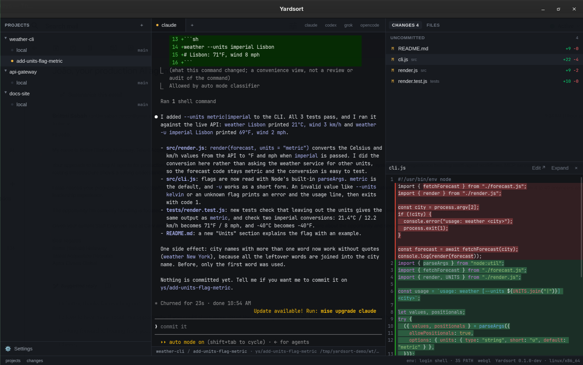 Yardsort: projects and workspaces on the left, an agent's terminal in the middle, its changes and a diff on the right