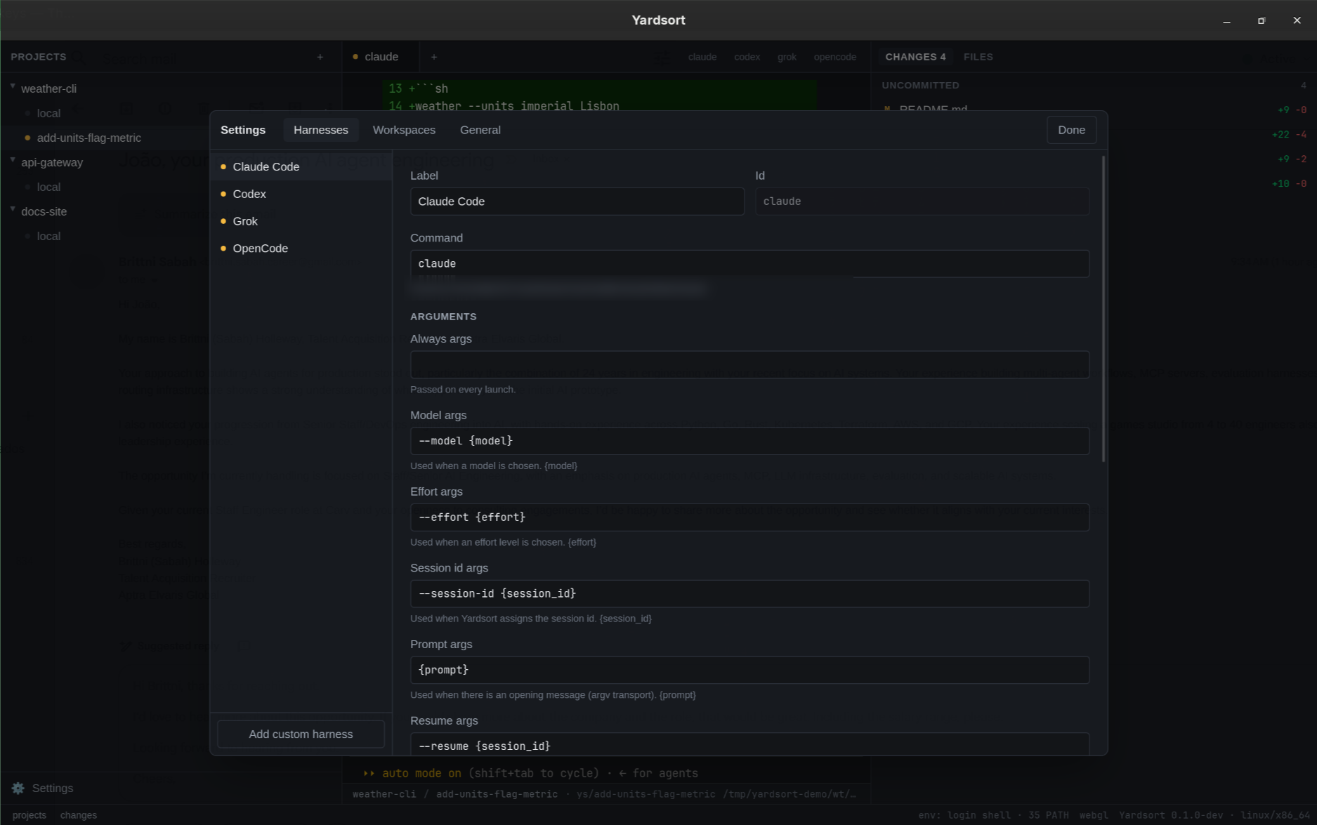 Harness settings: label, command and argument templates for Claude Code